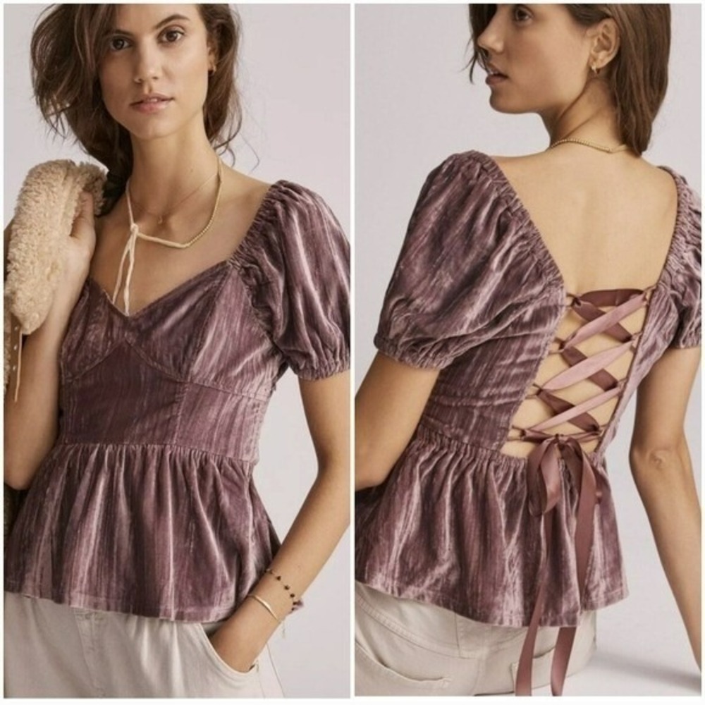 Anthropologie NEW Porridge Purple Velvet Lace-up Peplum Top SZ Large Coquette